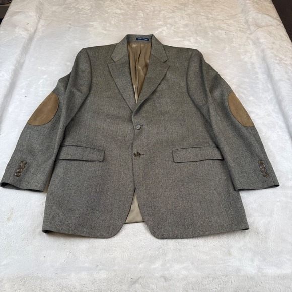Ralph Lauren Mens 42L Wool Herringbone Blazer Elbow Patches Brown Sport Coat